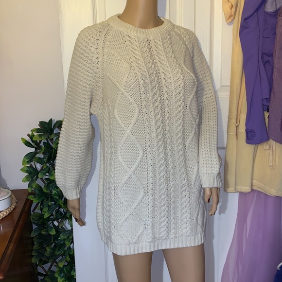 Vintage crew neck ivory cream cable knit tunic sweater pullover M L - Picture 7 of 12